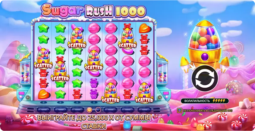 Слот Sugar Rush 1000 — главный экран с барабанами