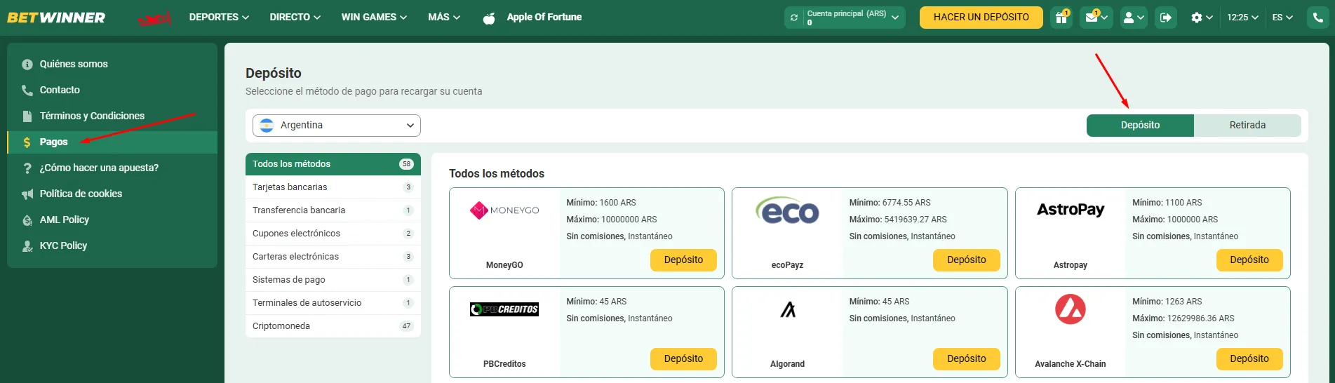 Métodos pago disponibles depósitos
