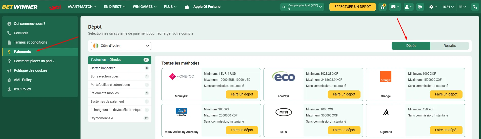Méthodes paiement pour dépôts