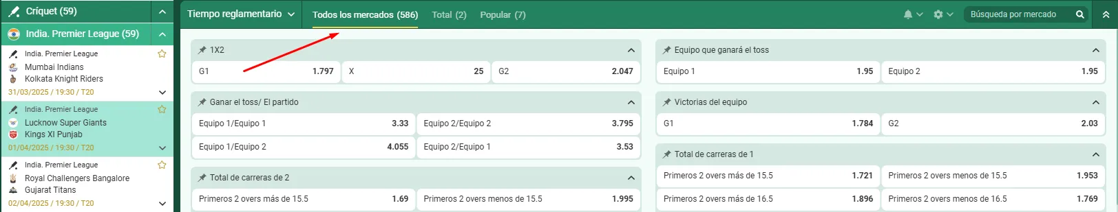Cuotas y mercados IPL