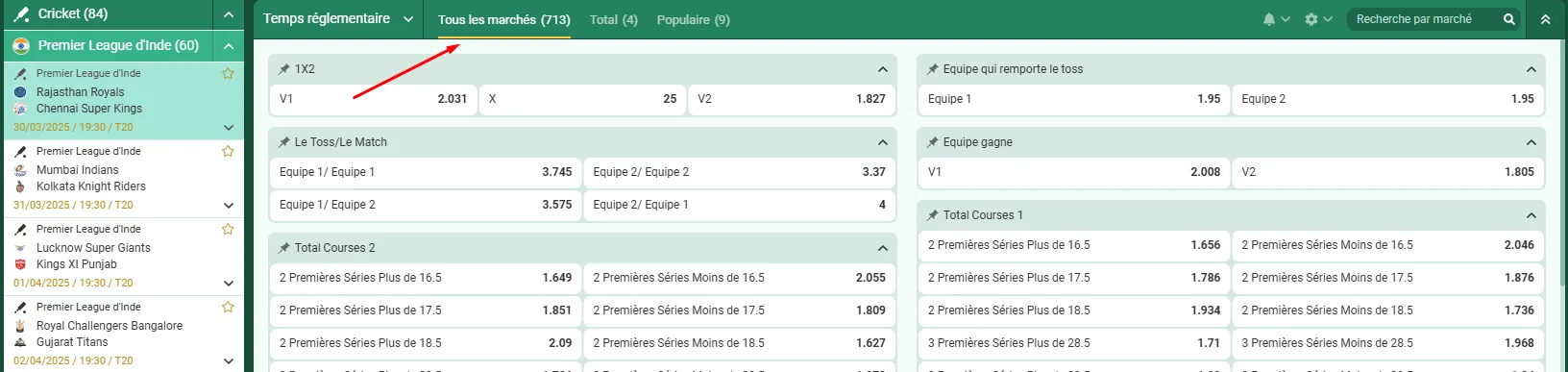 Cotes et marchés IPL
