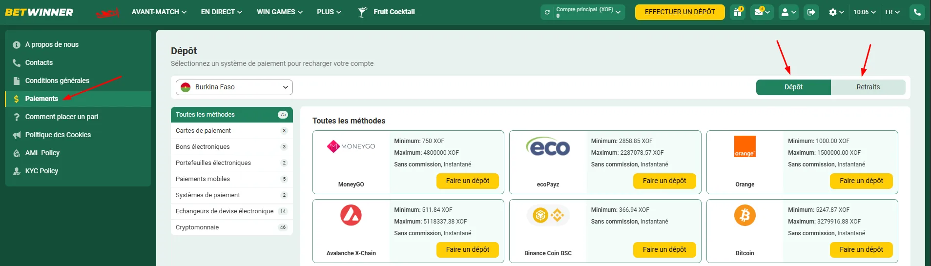 Méthodes de paiement disponibles