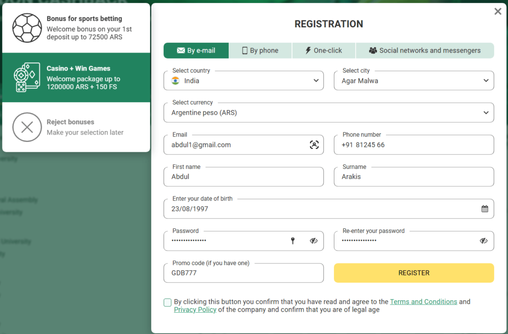 betwinner registration code