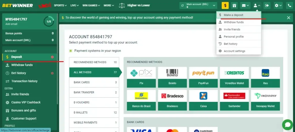 Déposer des fonds dans votre compte Betwinner