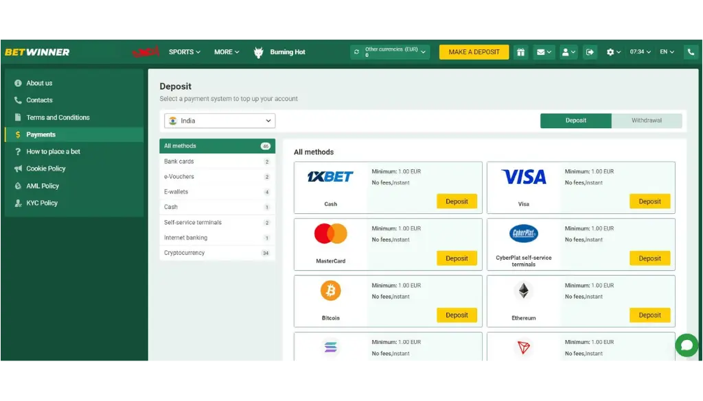 Depositing Funds to Your Betwinner Account
