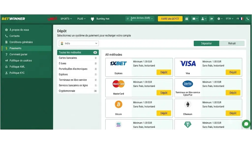 Déposer des fonds sur votre compte Betwinner