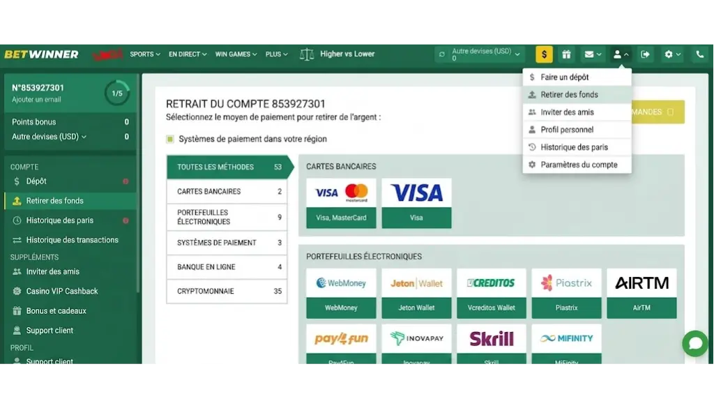 Retirer des fonds de votre compte Betwinner