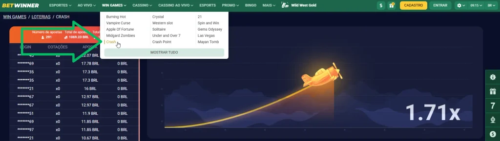 Jogo Crash no BetWinner