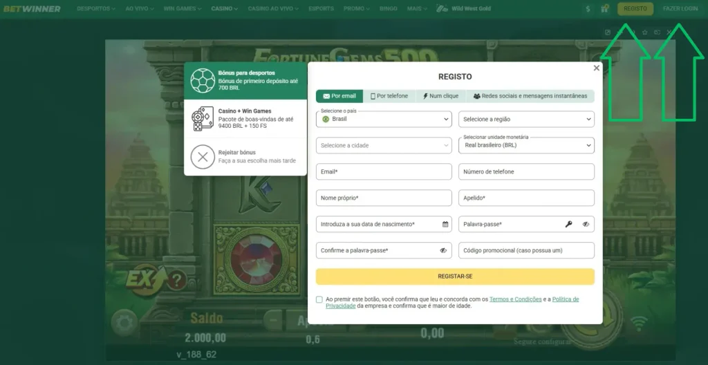 Registo Fazer login BetWinner