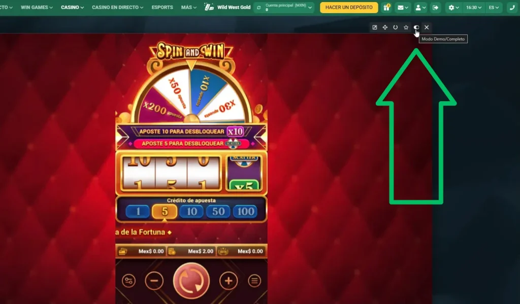 Funciones modo demo Spin and Win