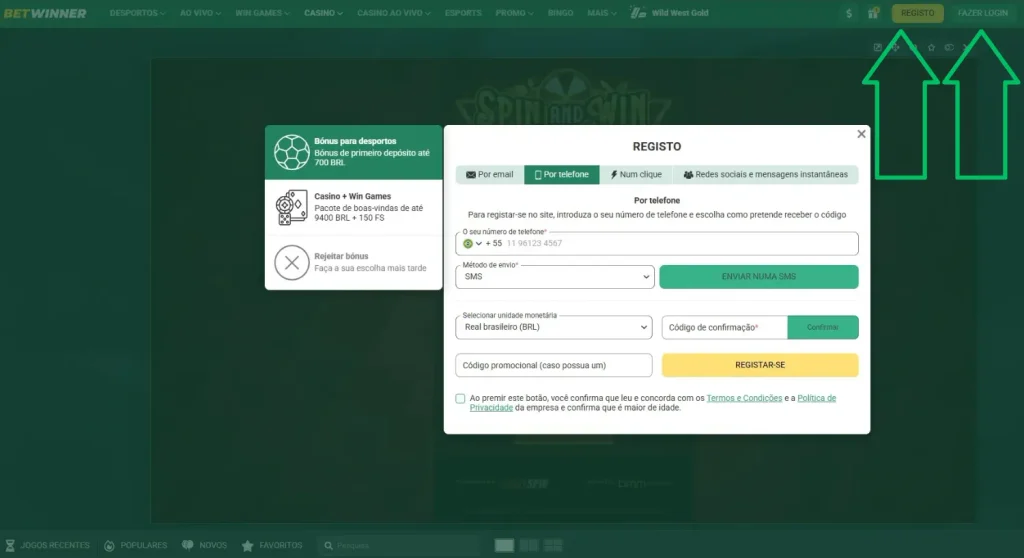 Registo Início Sessão BetWinner