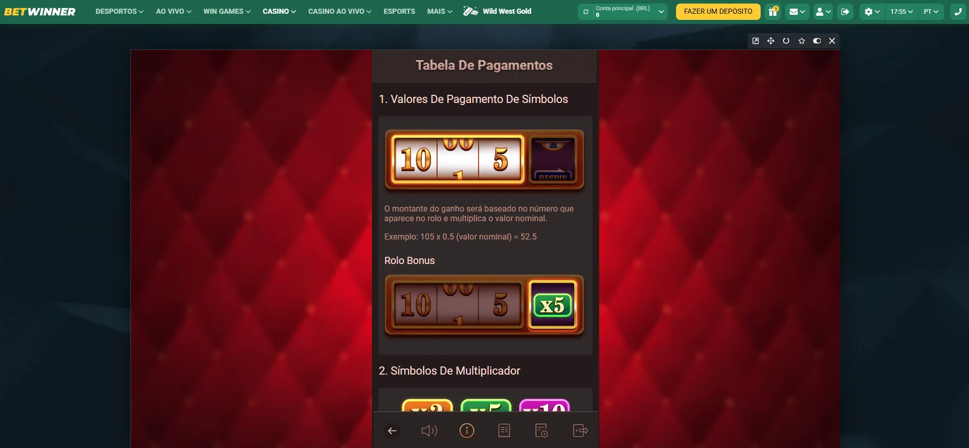 Símbolos pagamentos Spin and Win